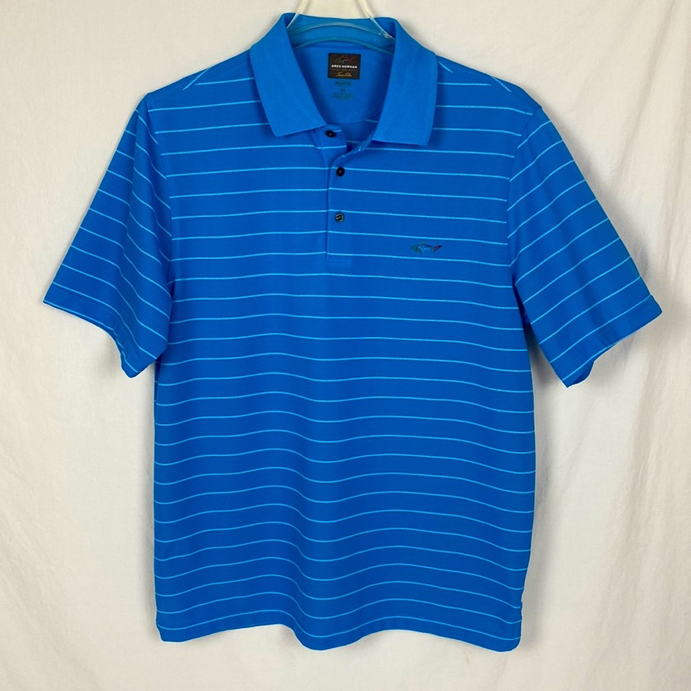 Greg Norman The Shark Play Dry Blue & White Striped Golf Polo Size XL